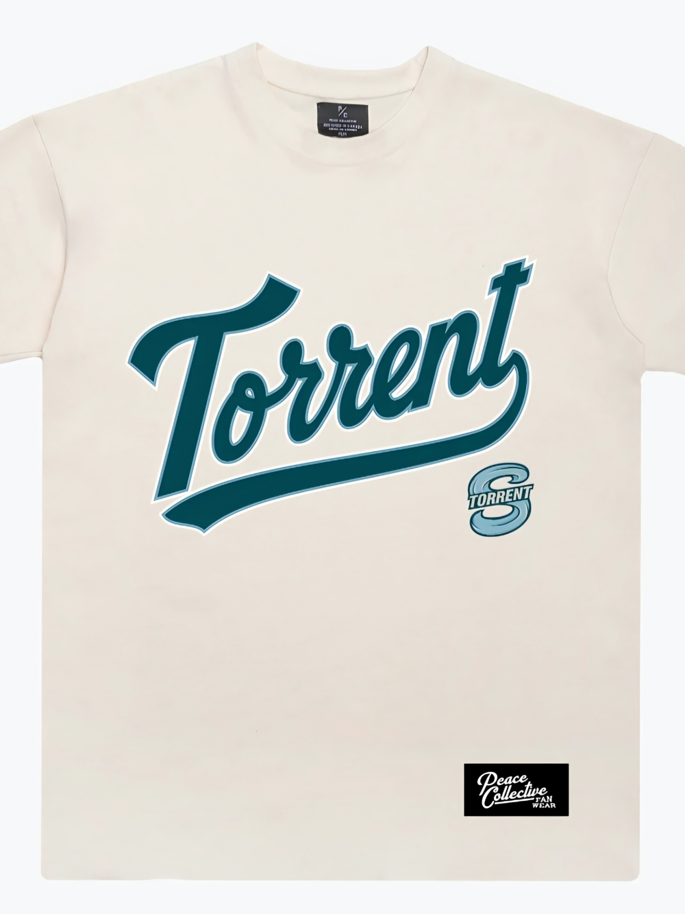 Torrent Graphic Tee in Cream with Teal Script